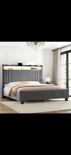 New in box full bed Upholstered Full Bed Frame with 2 Storage Drawers, LED Headboard, USB Ports, Dark Gray
