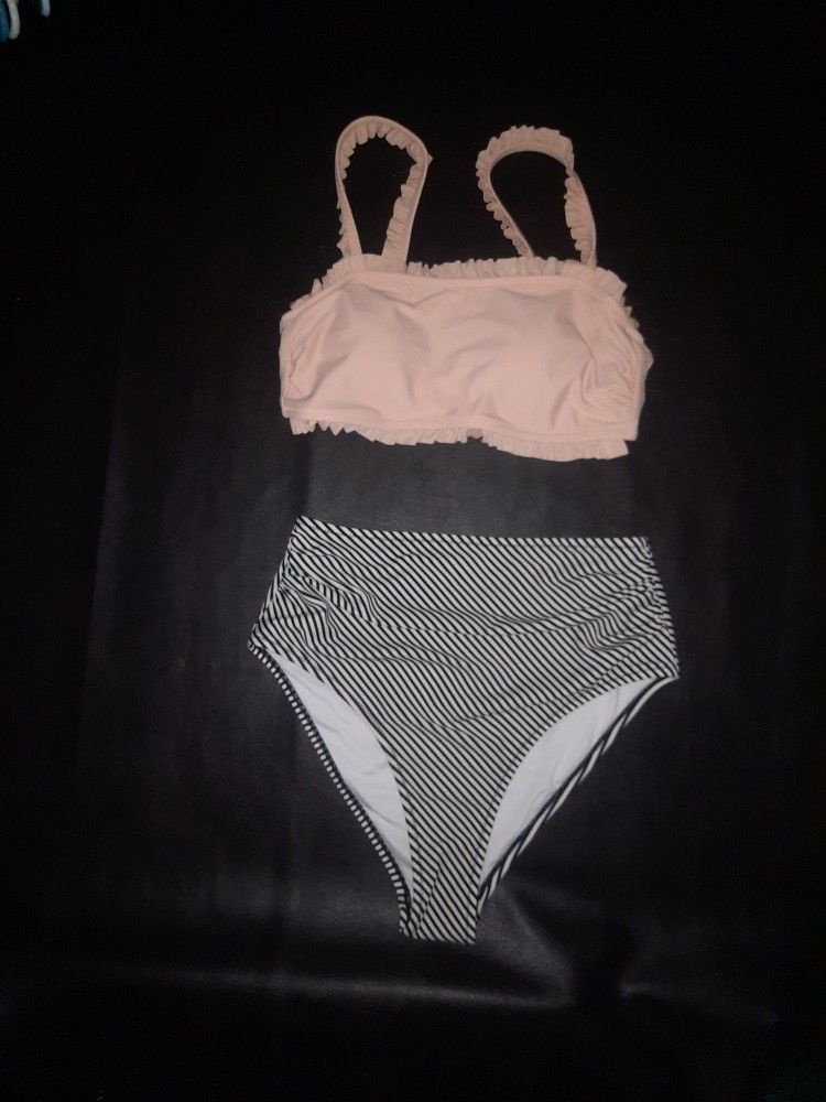Cupshe Ruffle Bandeau Bikini With High Waisted Bottom Size X-Small Peach Black