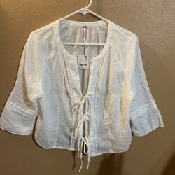 Free People Boho Beachy White Embroidered Tie-Front Women's Blouse - NWT L
