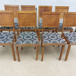 Vintage 1970s Mid Century Modern Leg-o-matic Folding Wooden Chairs Set With Rattan Wicker Backing. Set Of 8