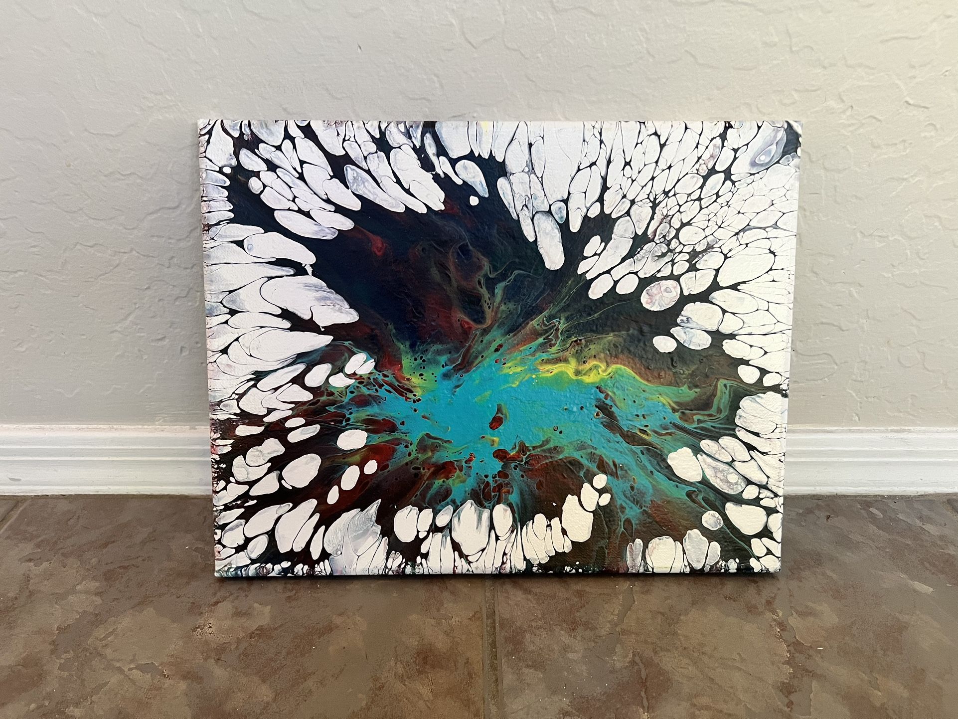 11x14 Small BRAND NEW Hand Painted Abstract Artwork Multi Colored Black Teal