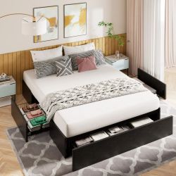Queen Size Faux Leather Platform Bed Frame with 3 Storage Drawers and Wooden Slats, Black