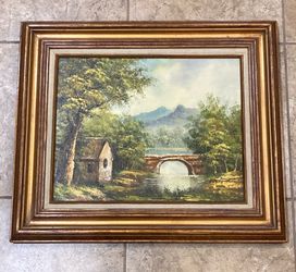 Framed Painting by Kingman, Mountain scene, Stonebridge and Cottage  (28” Wide x 24” Tall)