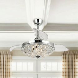 42β Servantes Modern Crystal Retractable Ceiling Fan with Lights and Remote Control, Chrome