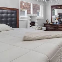 Leather tufted bed frame, box, mattress and dresser