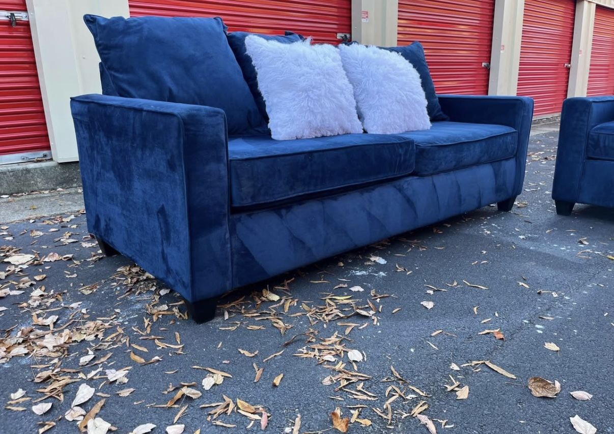 Two Velvet Blue Sofas: Great Condition