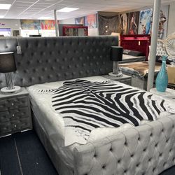 Gray Velvet Queen Bed 