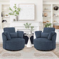 2X Deep Blue Fabric Swivel Accent Arm Chairs