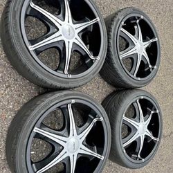 20” CHRYSLER FORD CHEVY 5X115 5X120 BLACK MACHINED RIMS WHEELS TIRES SET DODGE 5-LUG