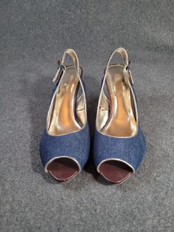 Blue Denim Slingback Heels – Size 9 • Metallic Gold Piping
