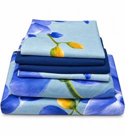 Floral Bed Sheet Set Blue Watercolor Print