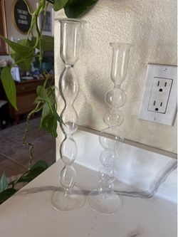 clear blown glass bubble stem taper candle holder Set of clear glass bubble candlesticks.   A little candle wax in one shown. I’ll try to remove it be