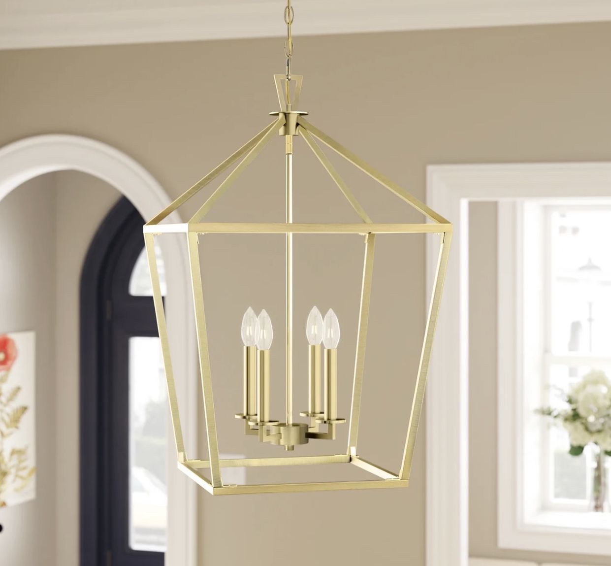 Israel 4 - Light Lantern Square / Rectangle Chandelier in warm brass. Adjustable height and Dimmable. Chain length 120”. 26” H x 17” x 17”. MSRP $312.