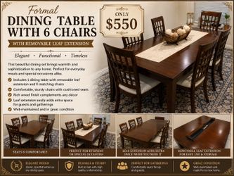 Formal Dining Room Table with Leaf Extension & 6 Chairs