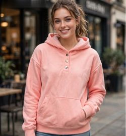 Pink Snap-Button Pullover Hoodie