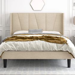 Queen Bed Frame with Geometric Headboard, Wooden Slats, No Box Spring Needed, Mattress Foundation - Beige