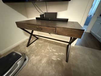 Beautiful Dark Wood Office Desk With Metal Legs And Drawer Writers Desk