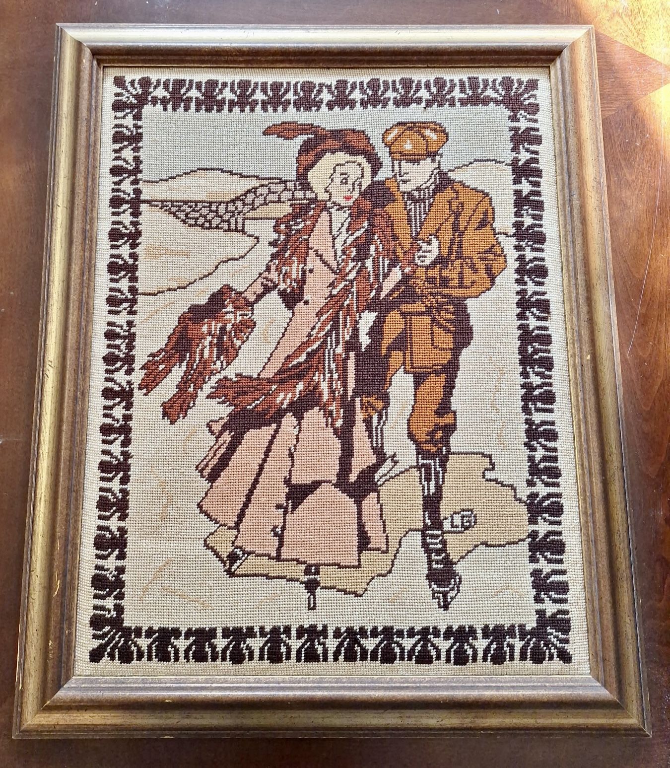 Vintage Framed needlepoint artwork of a couple in 1920s attire