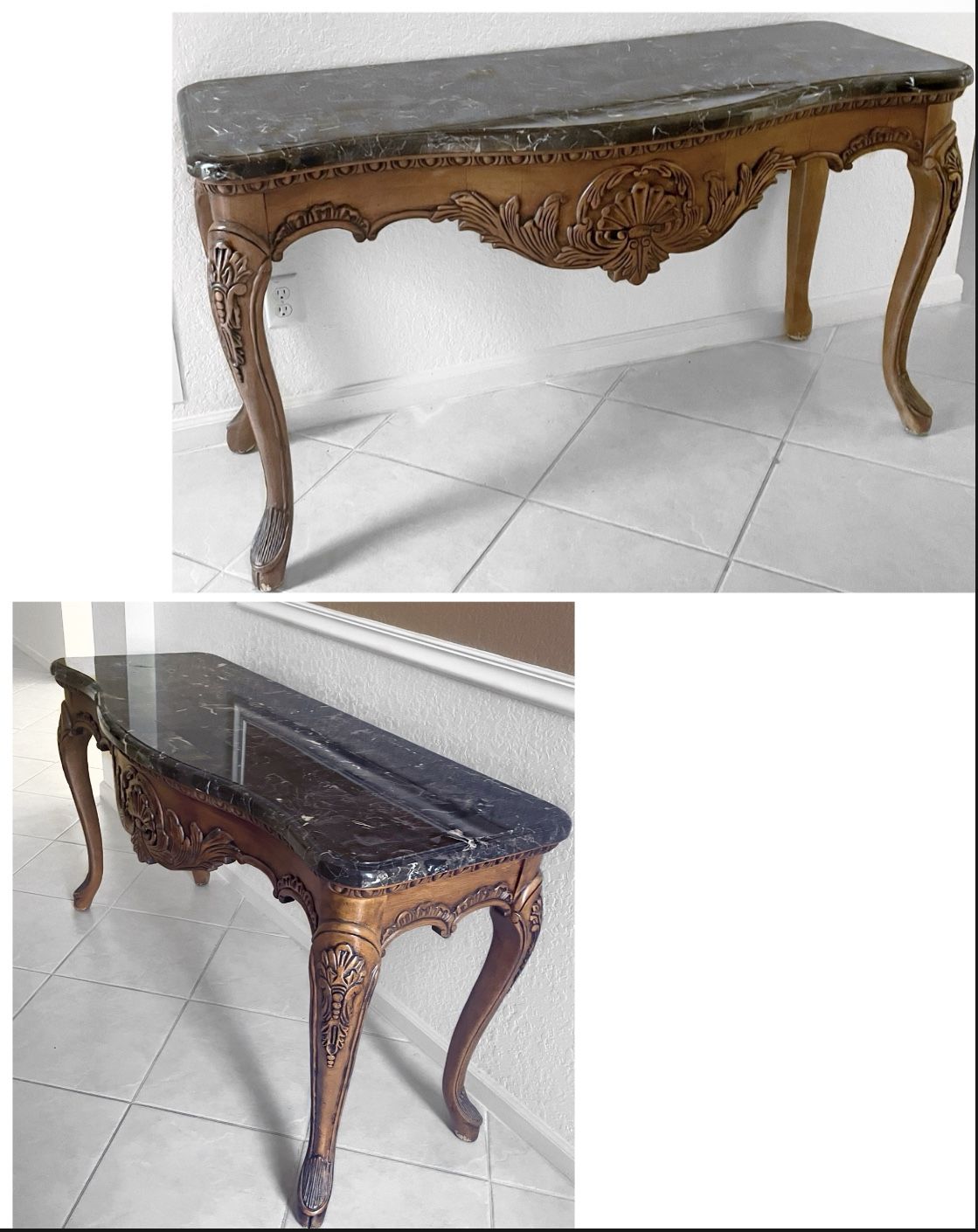 French Provincial Carved Wood Marble Top Consoles