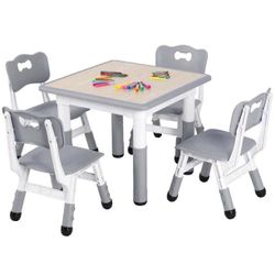Kids Table and 4 Chairs Set, Height Adjustable & Non-Slip Legs, Toddlers 5pcs Activity Table Set for Daycare, Classroom, Home, Gray