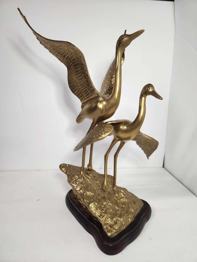 Vintage Brass Bird Statue Pair Of Cranes Set To Fly Heron MCM Hollywood Regency
