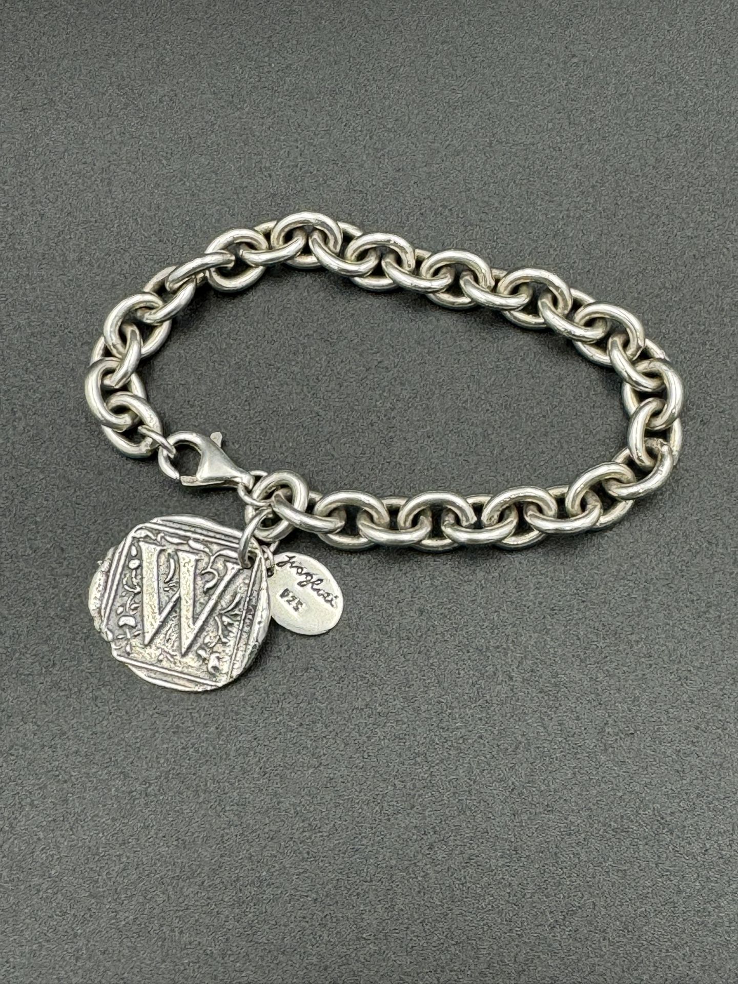 Sterling Silver Rolo Bracelet- 7”- Waxing Poetic Square “W” Initial Charm- $90