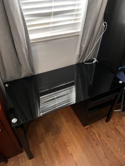 Modern Black Glass Desk w/ Drawer + Filing Cabinet