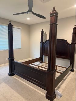 Solid Wood 4-Post King Bed — Dark Espresso, Heavy & Beautiful