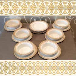 SET OF 6 PORCELAIN SOUP / DESSERT BOWLS W/SAUCER PLATES + 5 EXTRA PLATES (READ)
