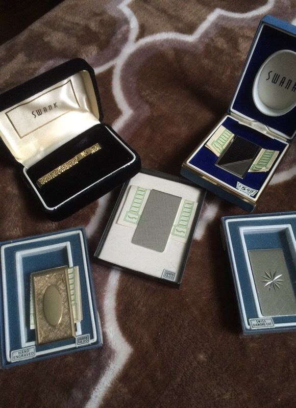 5 Vintage Swank Money Clips Swiss Diamond Cut Silver