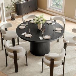   47 inch Round Dining Table for 4, Circle Kitchen Table with Wood Strip Base, Modern Farmhouse Dinner Tables for Kitchen, Living Room (Black