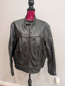Johnson Leathers black Leather Motorcycle Jacket with a classic stand collar 
Made in San Francisco