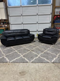 Black Leather Sofa + Matching Chair Set