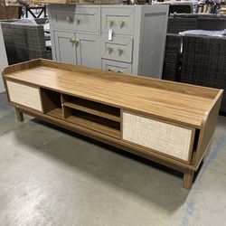 Assembled New TV Stand for 65” TV, Entertainment Center with Woven Doors, Sliding Door, Adjustable Shelf & Compartment, Cable Holes, Mid Century Moder