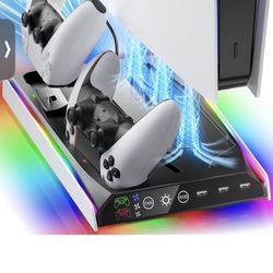 PS5/PS5 Slim Stand with Adjustable Cooling Fan for PS3 Skins, Vertical PS5 Cooling Stand for PS5/PS5 Slim, Multifunctional PS5 Cooling Station with Du