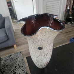 Jozefina Krosno Brown Handkerchief Vase 10.5" Marble Art Glass Vintage