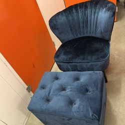 Blue Velvet Chair And Ottoman Set