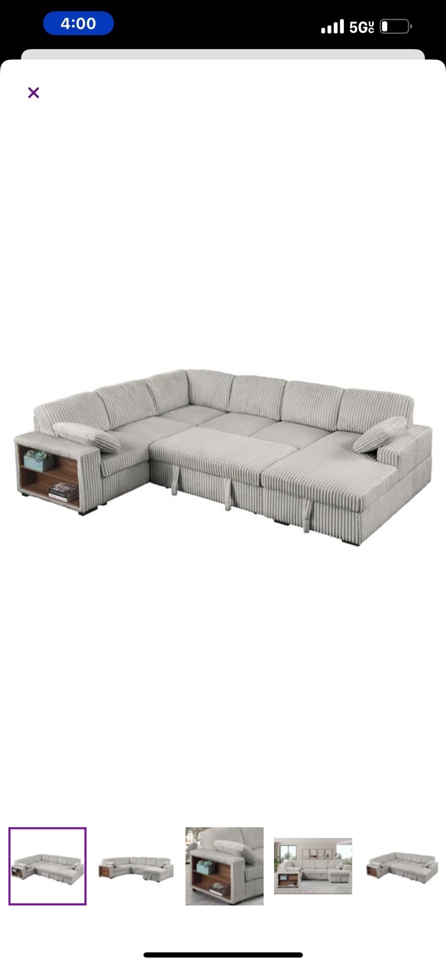 Shariff U-Shaped Corduroy Sectional Sofa with Pull-Out Bed, Storage Chaise Lounge & Open-Storage Arm