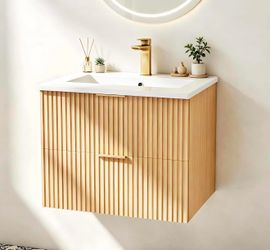 New in box-24 Inch Bathroom Vanity with Sink, Floating Wall Mounted Vanity Cabinet with Ceramic Sink, Modern Space-Saving Storage for Bathroom, Natura