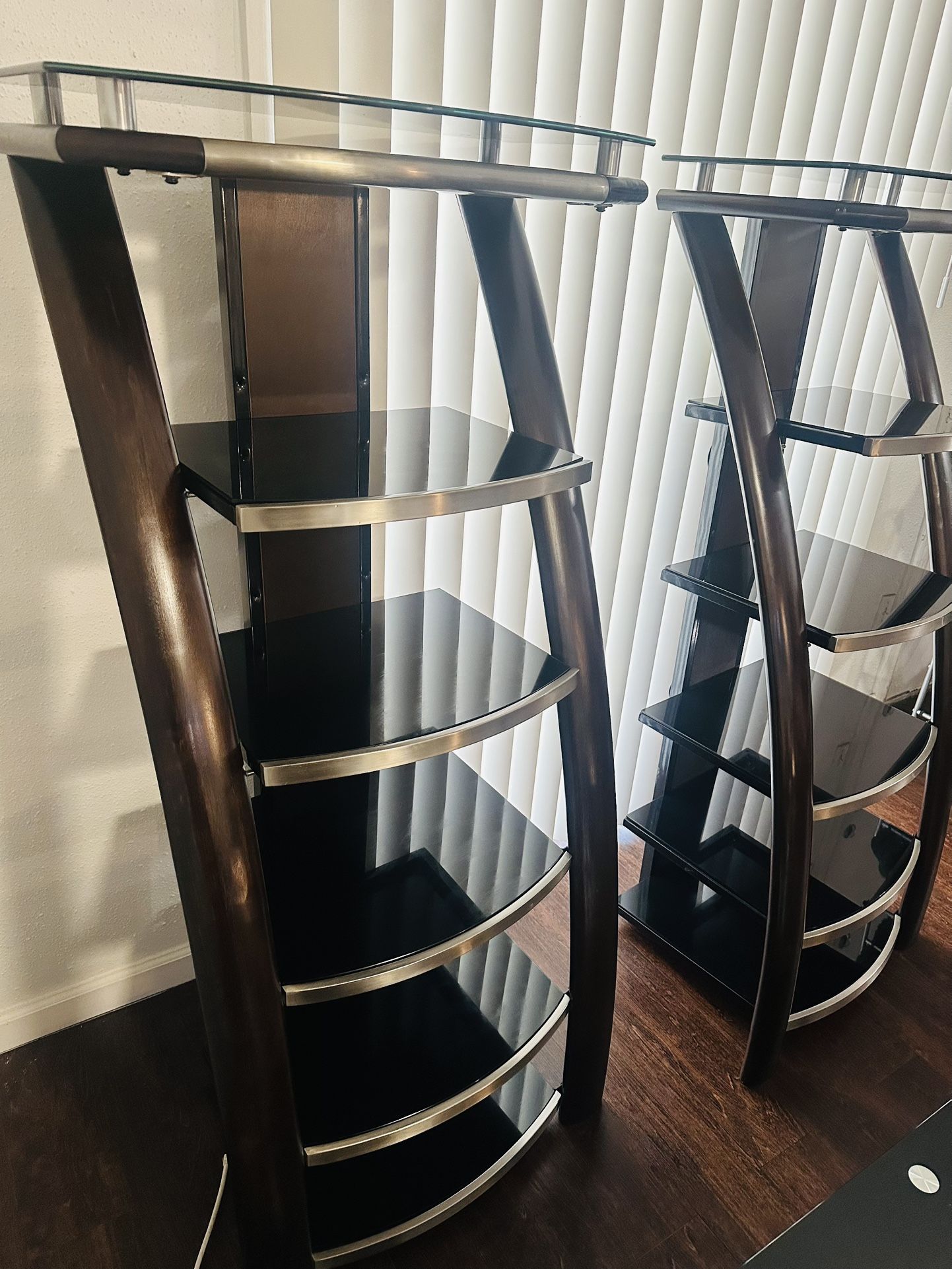 sleek glass and real wood shelf unit