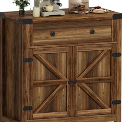 Coffee Bar Accent Cabinet, Farmhouse Barn Door Buffet Sideboard with Drawer and Adjustable Shelf, Wide Desktop for Kitchen, Dining Room, Bathroom, Ent