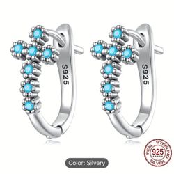 Elegant Boho-Chic 925 Silver Turquoise Cross Hoop Earrings – Ideal for Daily Style & Special Gifts