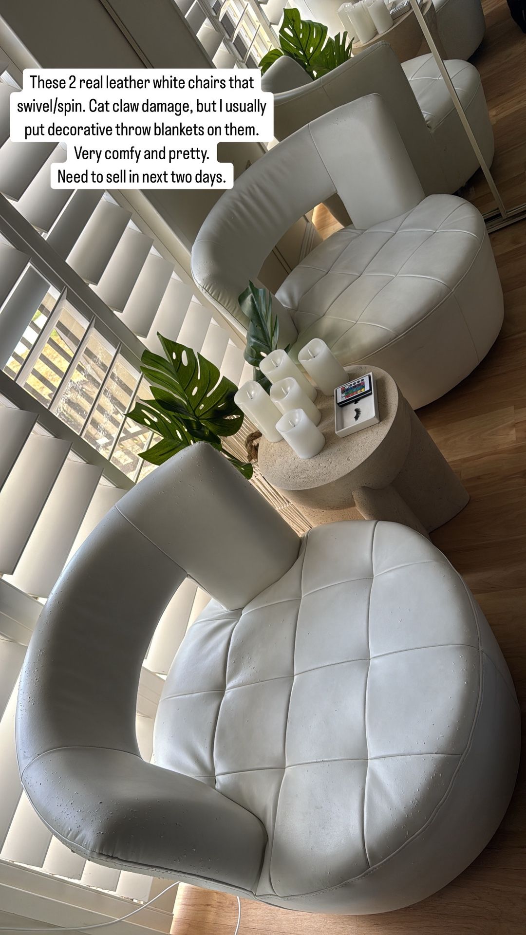 TWO White Leather Chairs - they Spin/Swivel