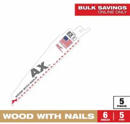Milwaukee 6 in. 5 TPI AX Nail-Embedded Wood Cutting SAWZALL Reciprocating Saw Blades (5-Pack)