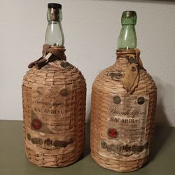 MCM Ron Bacardi Green Glass w/Wicker Demijohn / Set of 2