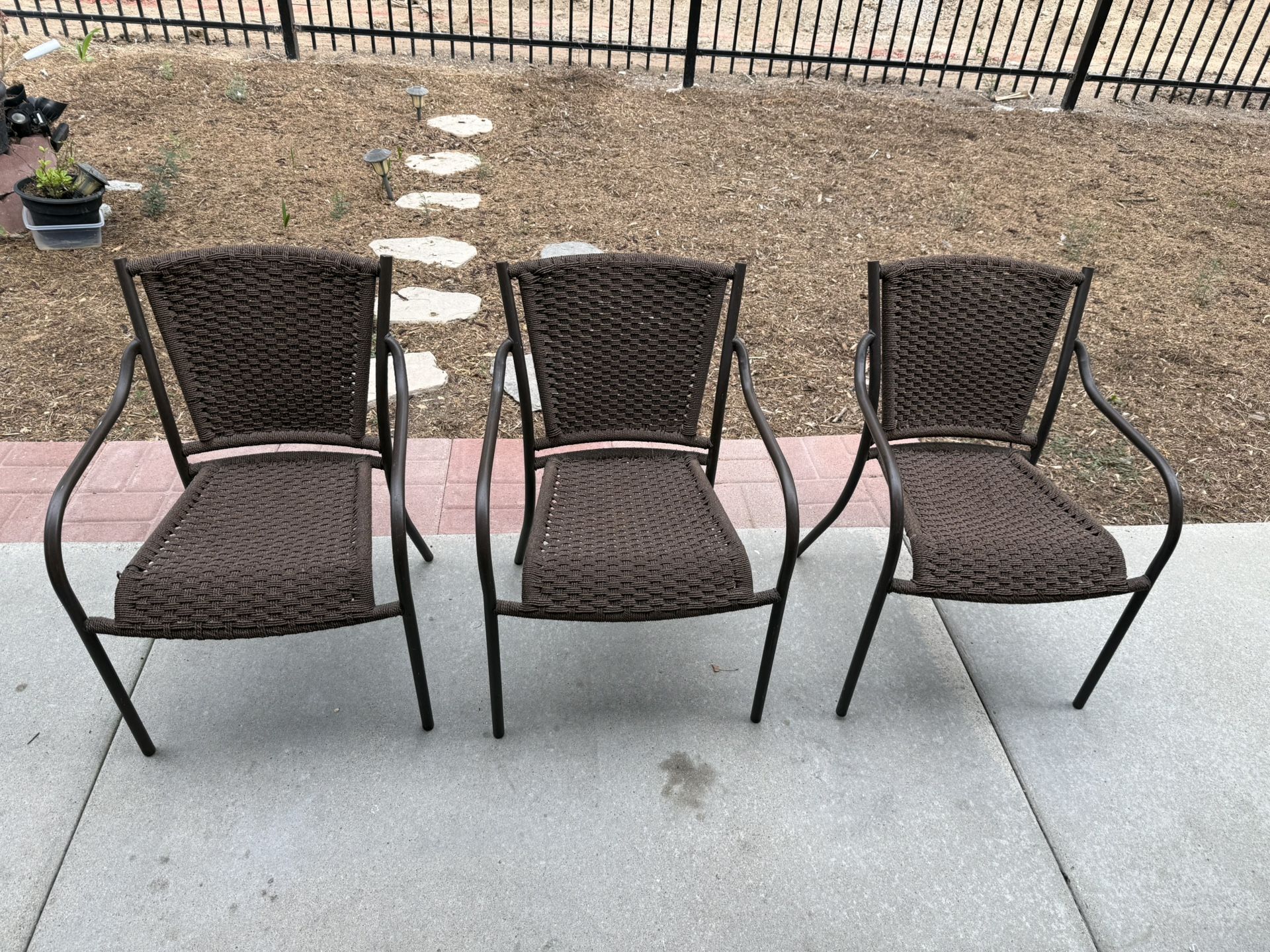 Set of 3 Outdoor Wicker-Style Patio Chairs — sturdy metal frame, no cushions