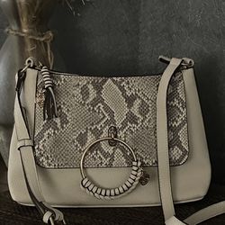 Carlos Santana Crossbody/Shoulder bag Features a Trapezoid Shape in Ivory/Cream and Taupe. It has an Adjustable Shoulder Strap, Inner Side Zipper Pock