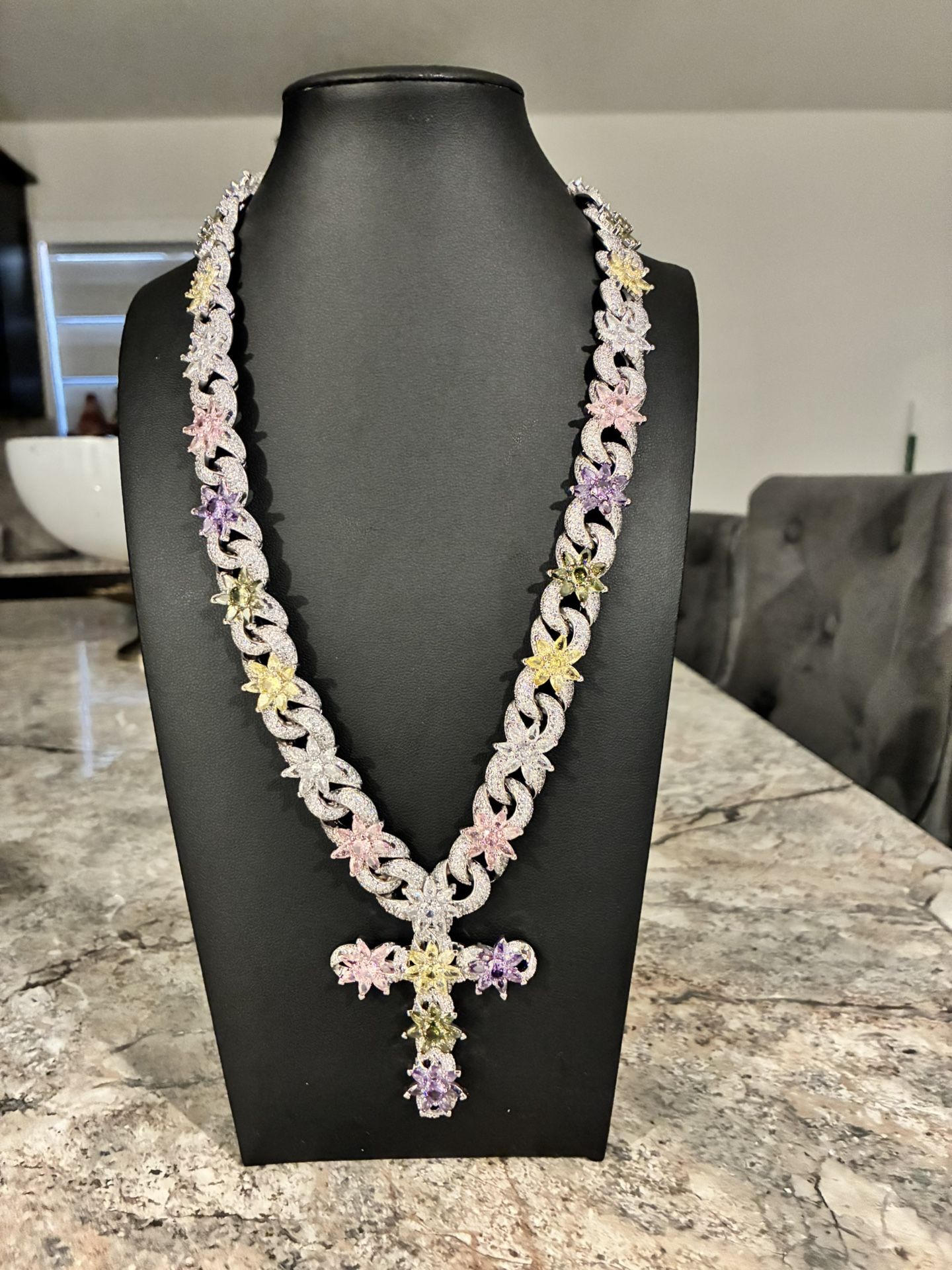 White Gold Plated Cross Silver Cross Purple Yellow Pink Flowers