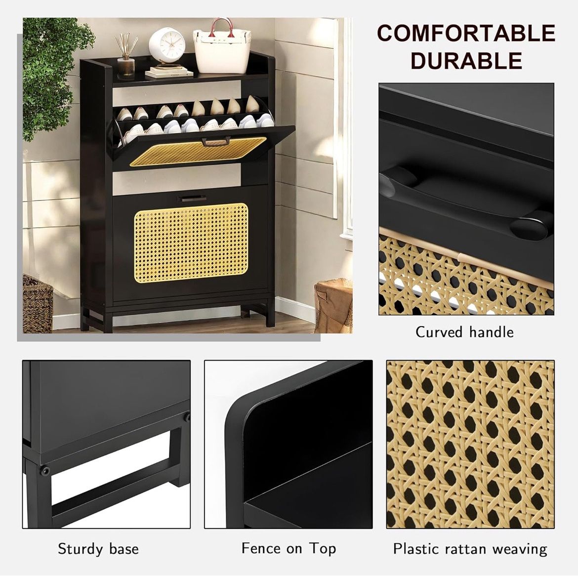Shoe Cabinet with 2 Flip Drawers, Farmhouse Rattan Shoe Cabinet Freestanding Shoe Rack Cabinet