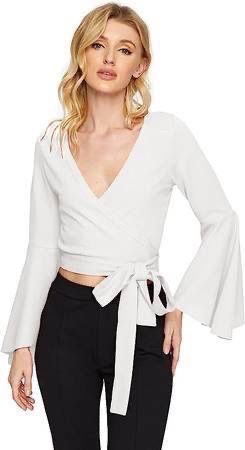 XL SweatyRocks Women's Long Sleeve V Neck Tie Knot Bandage Wrap Blouse